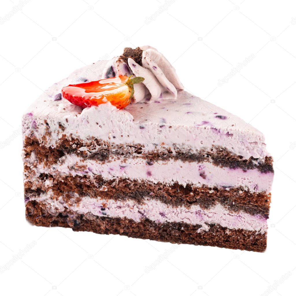 Isolated slice of blackberry cake with cream