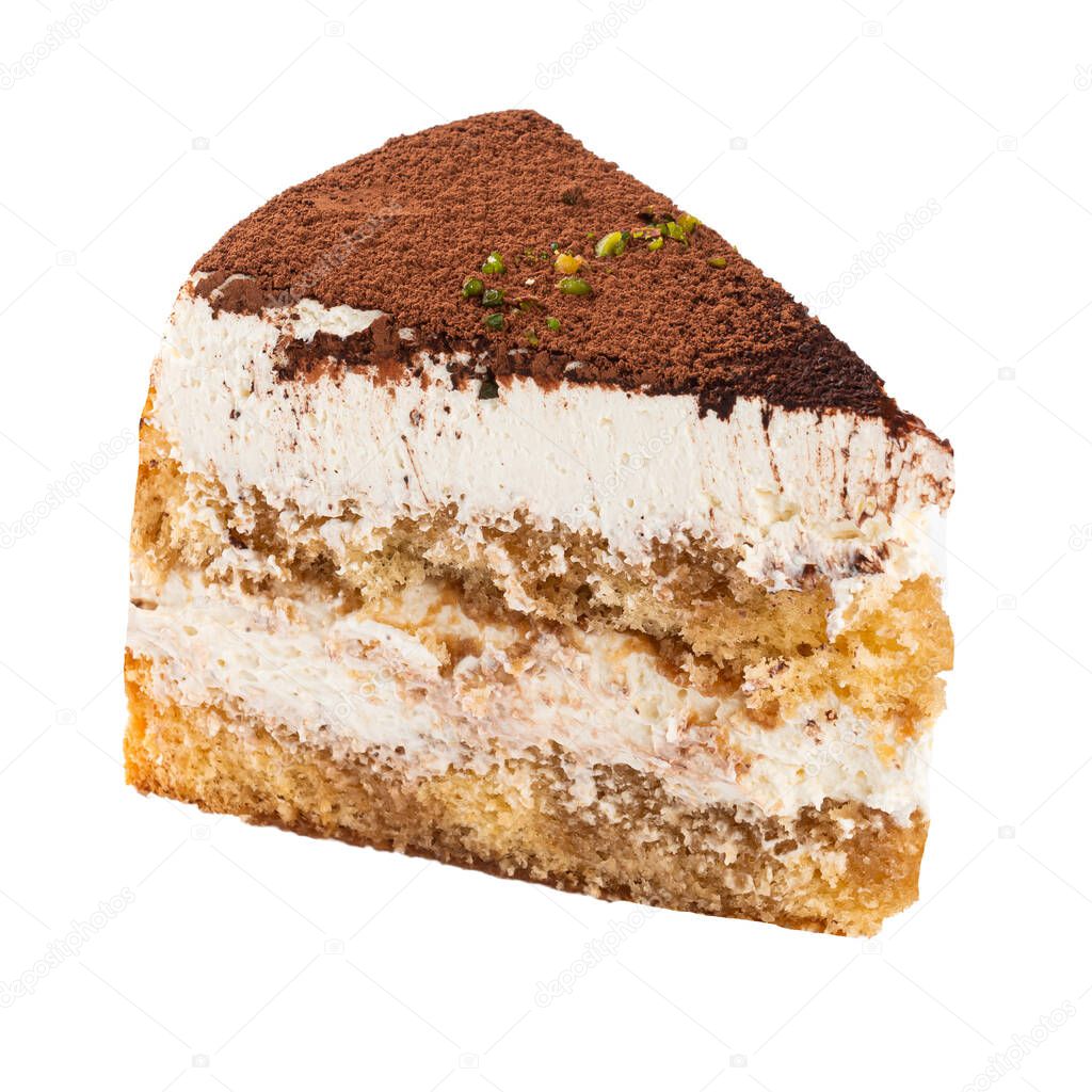 Isolated slice of tiramisu cake on white