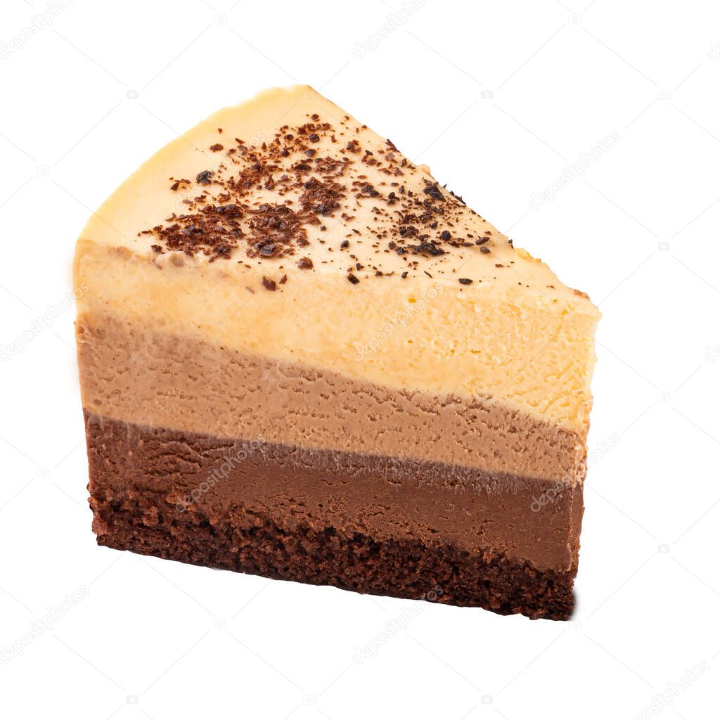 Isolated slice of chocolate cheesecake on white