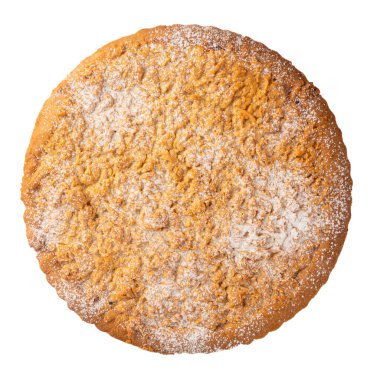 Beyaz üzerine pudra şekeri serpiştirilmiş kremalı turta.