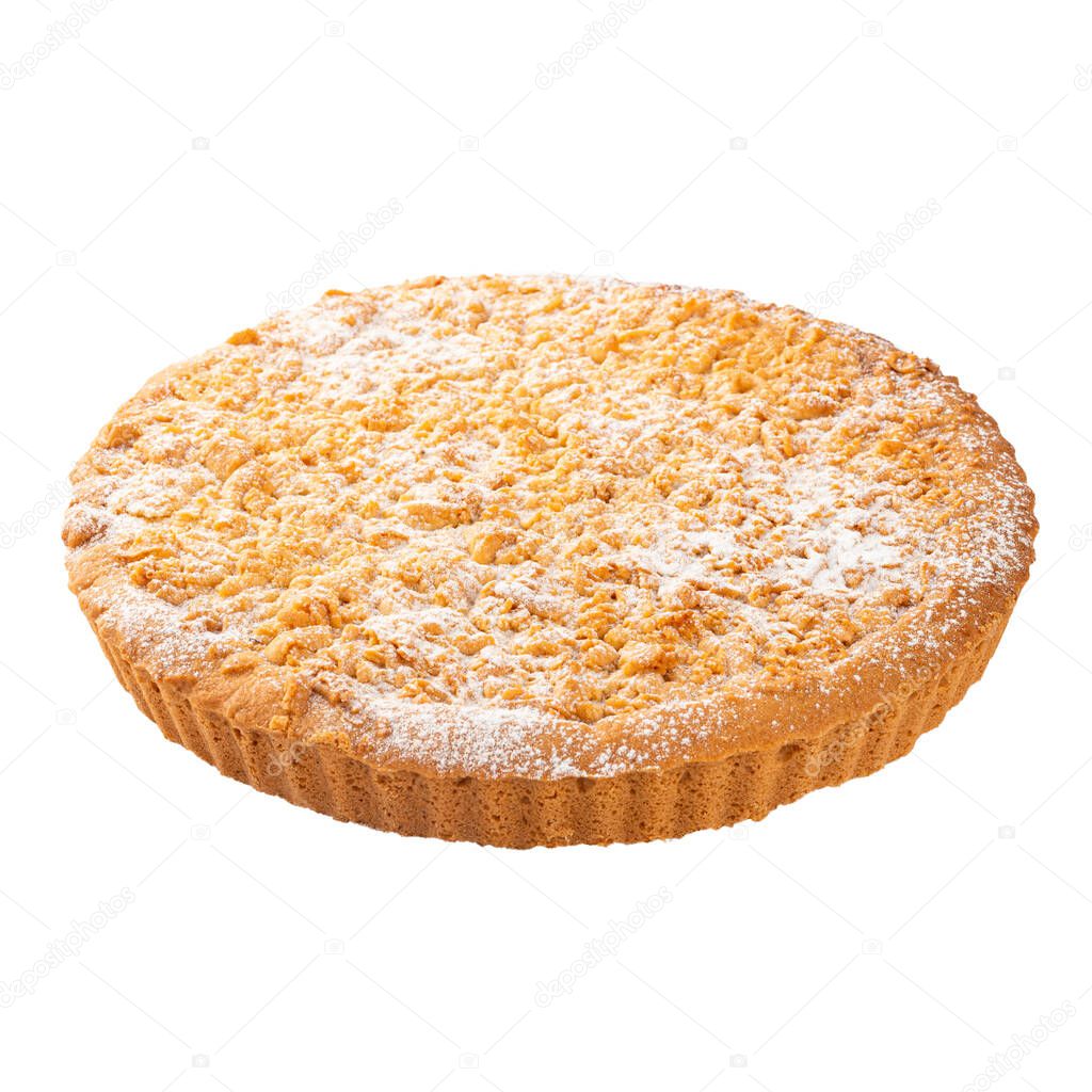 Isolated curd pie with powdered sugar on white