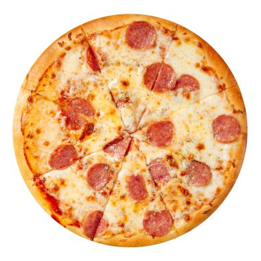 İzole edilmiş sosis, beyaz üzerine Napoli pizzası.