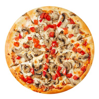 İzole edilmiş beyaz mantarlı Napoli pizzası.