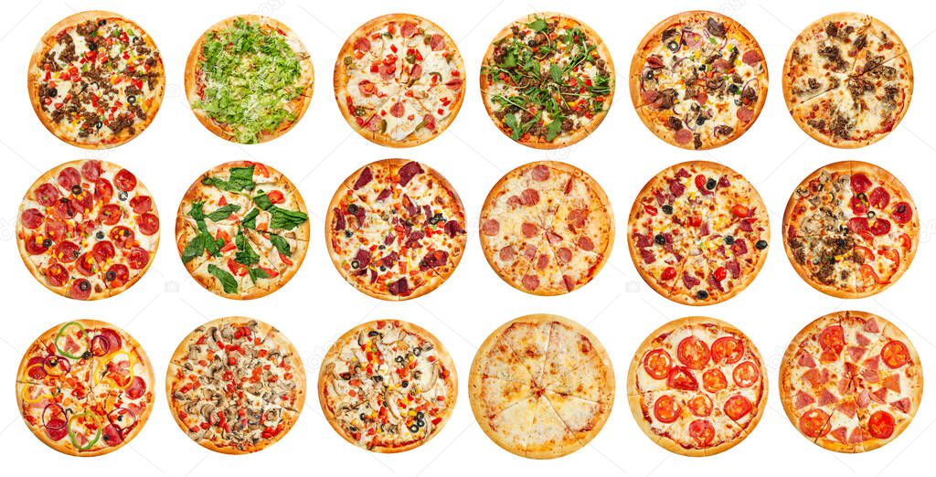 Isolated assorted of pizzas collage menu design