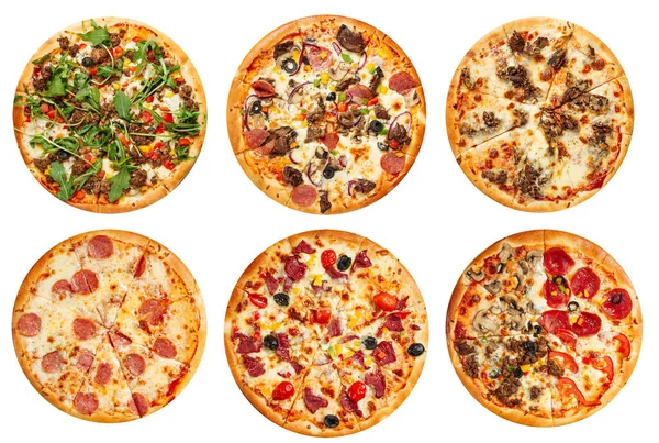 Isolado sortido de pizzas design de menu de colagem — Fotografia de Stock