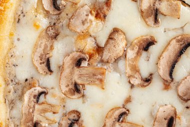 Mantar ve peynirli pizza dokusuna yakın çekim.