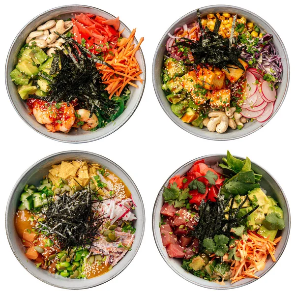 Isolated assorted hawaiian poke bowls menu collage — Stock Photo, Image