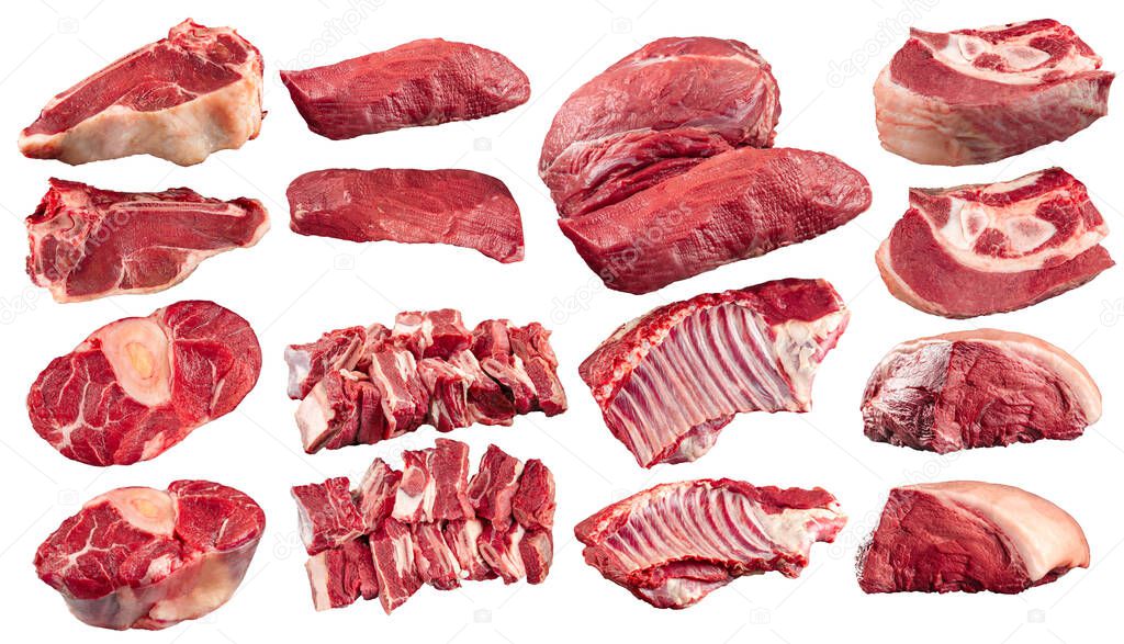 Collage of different isolated raw beef meat parts
