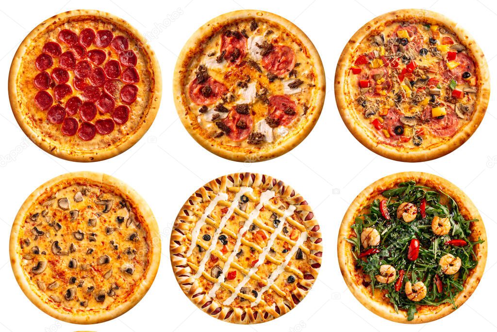 Isolated assorted of pizzas collage menu design