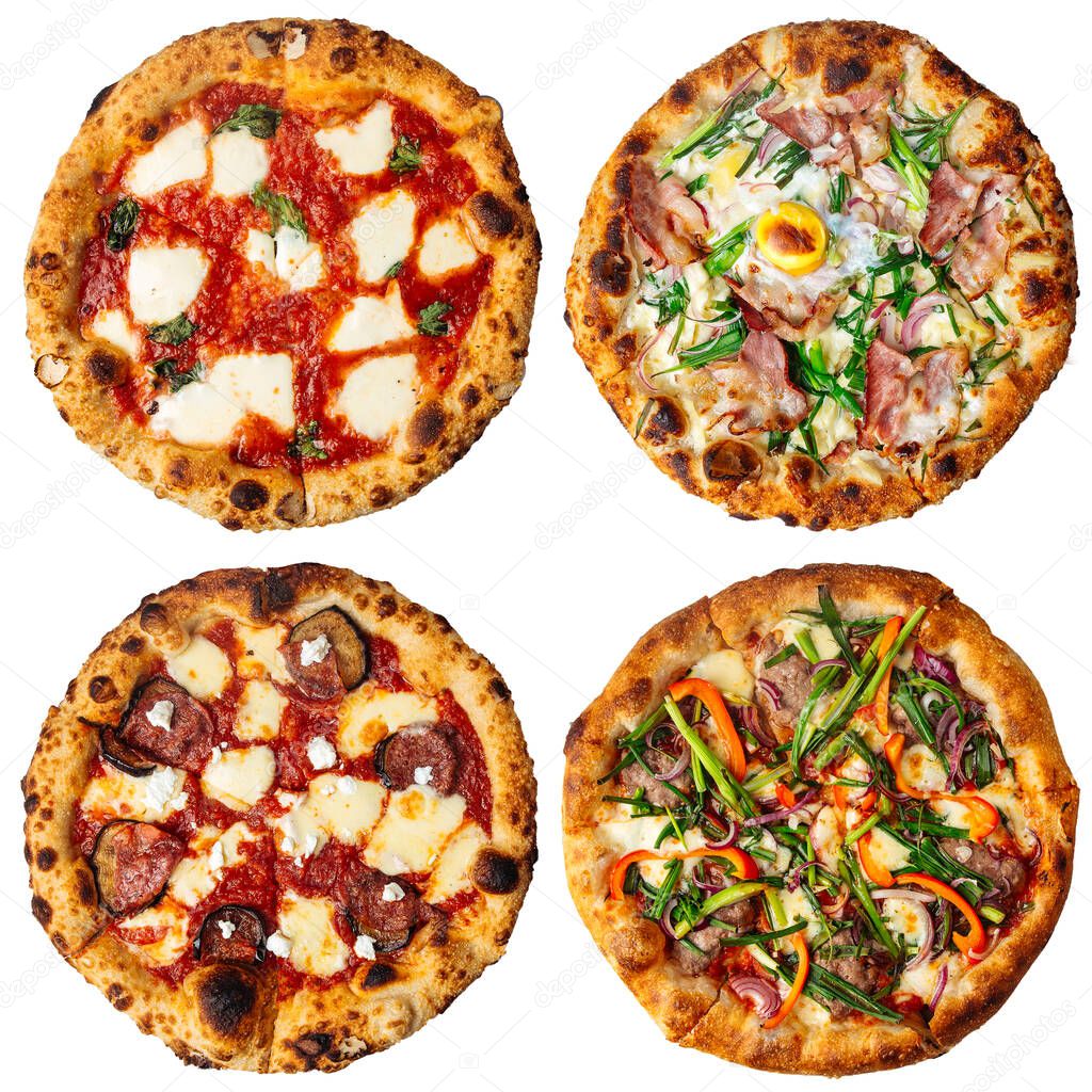 Isolated many different pizza menu design collage