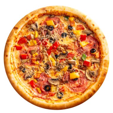 İzole edilmiş jambon ve sebzeli pizza.