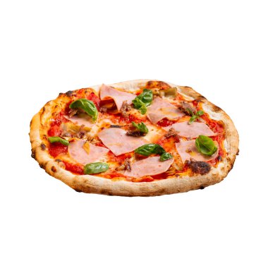 Domates ve fesleğenli jambonlu pizza.