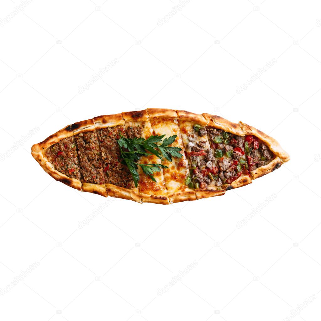 Isolated turkish pizza pide with assorted filling