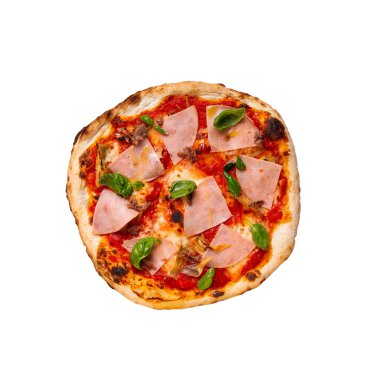 Domates ve fesleğenli jambonlu pizza.