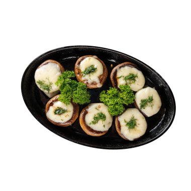 İzole edilmiş peynirli fırında mantar tabağı.