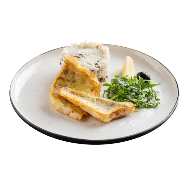 Isolierter Teller mit gebratenem Fischfilet mit Reis — Stockfoto