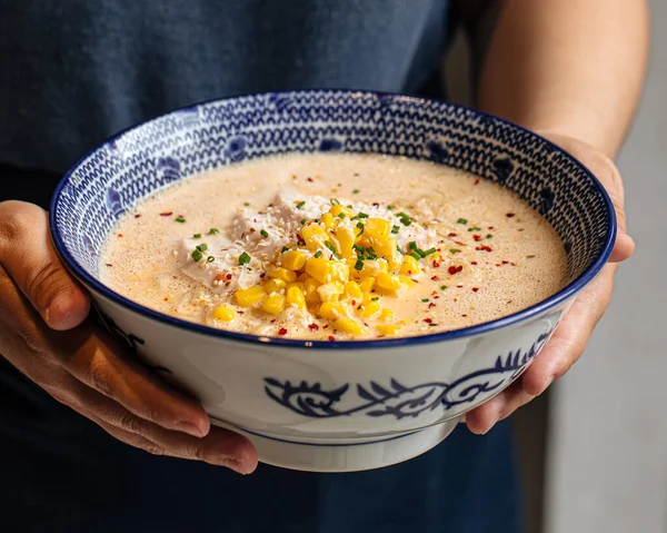 Bowl of cheese ramen noodle soup with corn — Stock Photo, Image