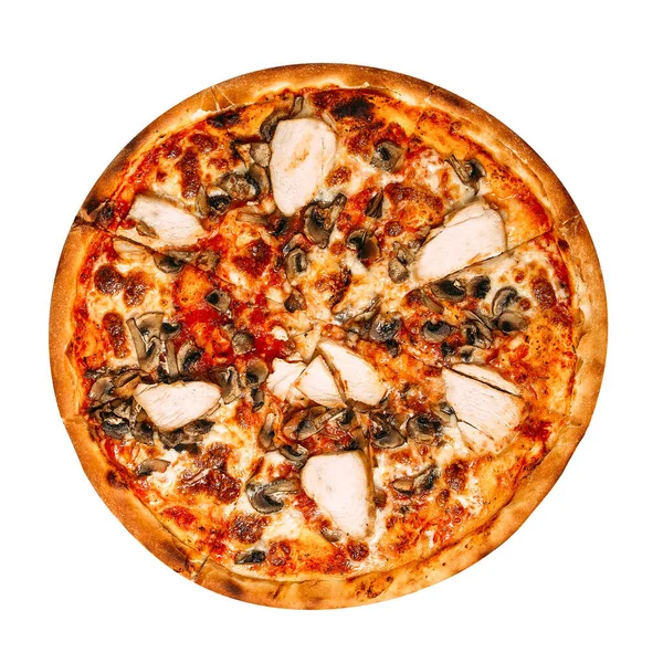 Pizza aislada con pollo y champiñones sobre blanco — Foto de Stock