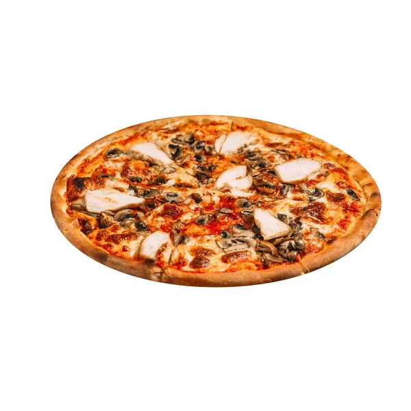 Isolated pizza with chicken and mushrooms on white — Stock Photo, Image