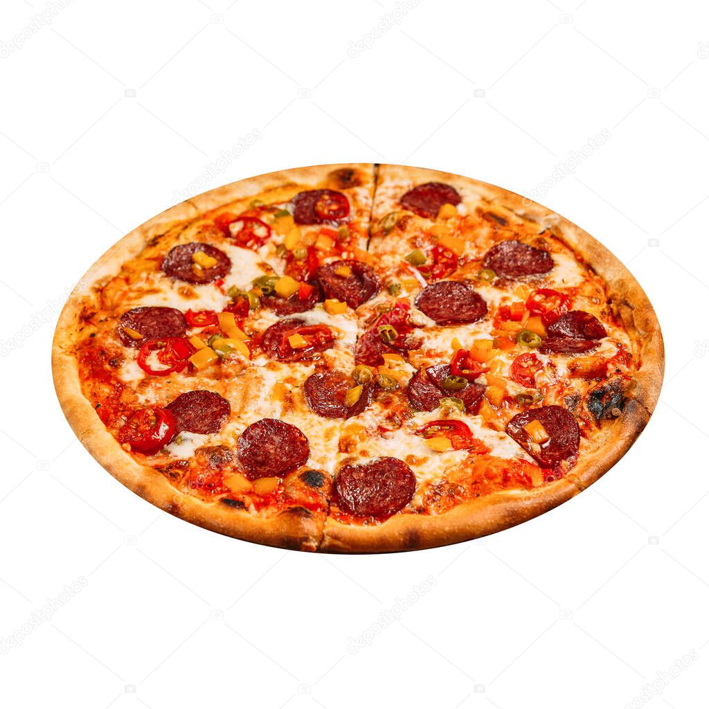 isolated pepeproni pizza with jalapeno on white
