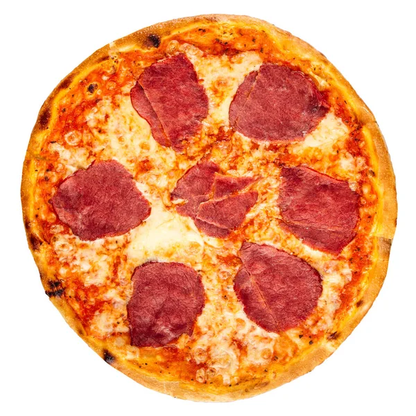 Isolierte gebackene Pizza mit Schinken auf weiß — Stockfoto