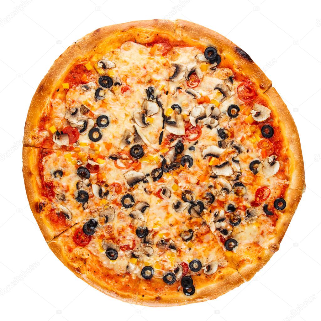Isolated pizza with mushrooms and vegetables on white