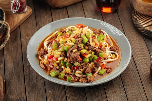 Asian uyghur dish suiru lagman noodles — стокове фото