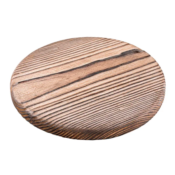 Isolated round burnt wooden serving board on white — Stock Photo, Image