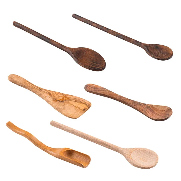 Cucchiaio in legno isolato set di utensili da cucina collage — Foto Stock