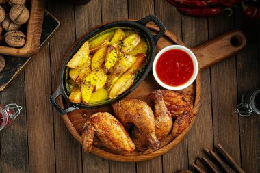 Kızarmış tavuk, patates ve kırmızı sos.