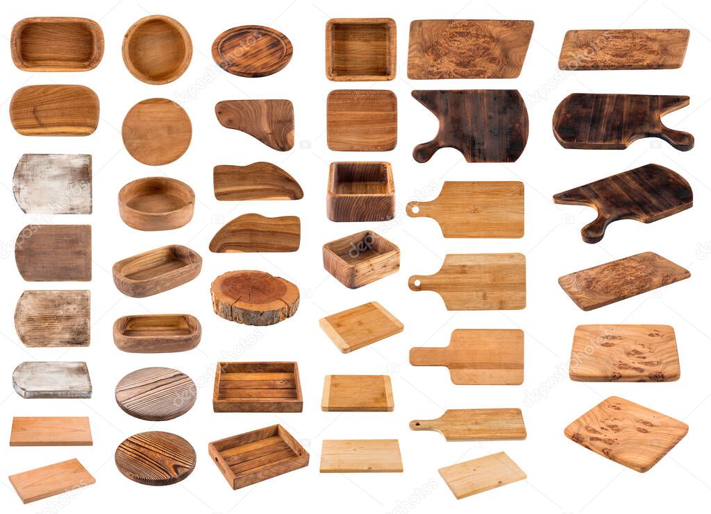 Isolated wooden cookware boards collection collage