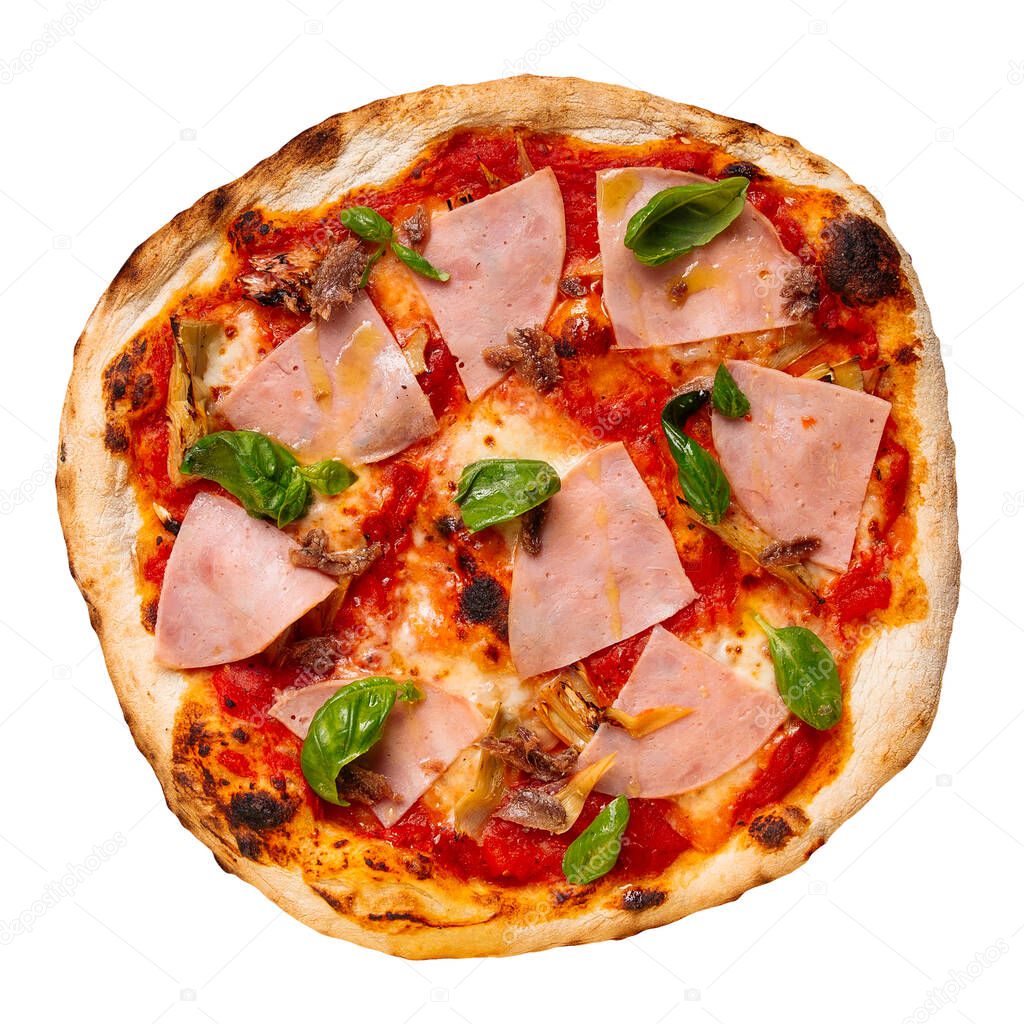 Isolated appetizing ham pizza with basil