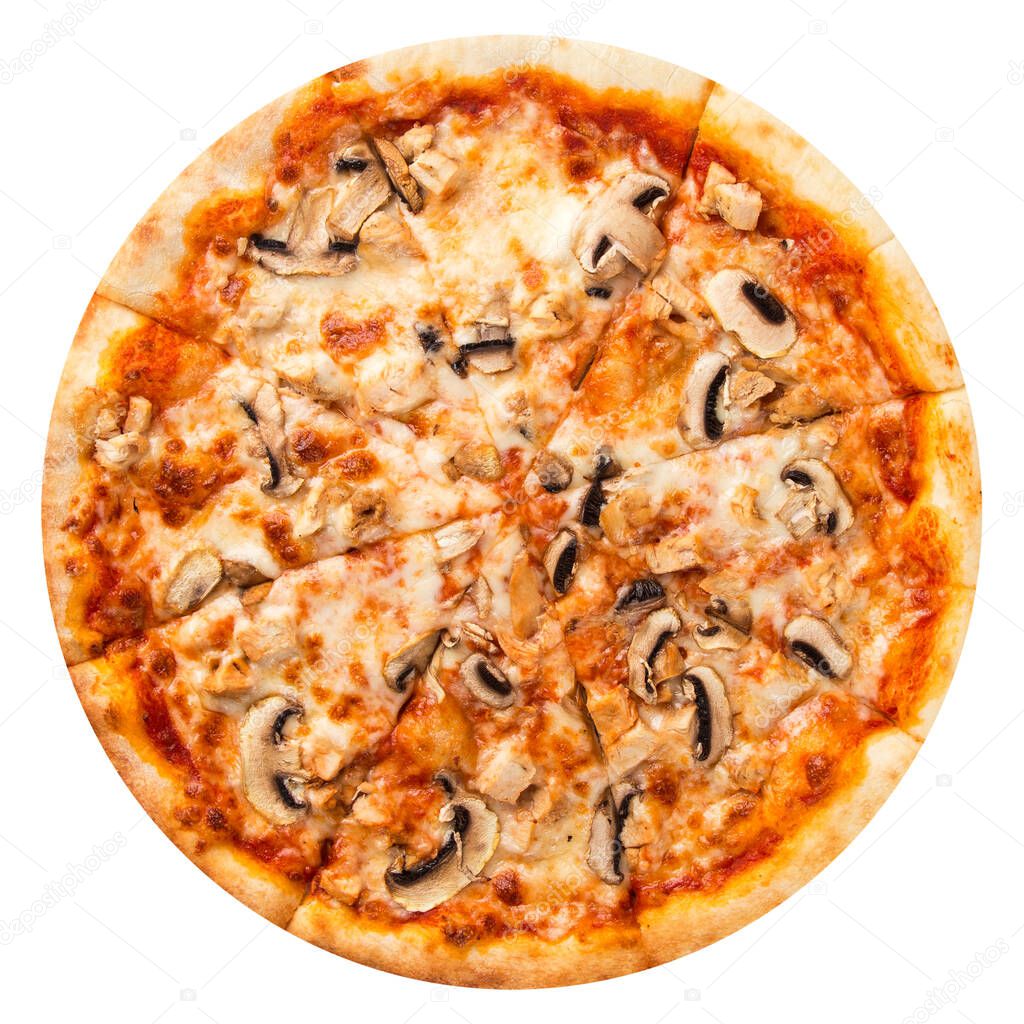 Isolated baked pizza with mushhrooms and cheese