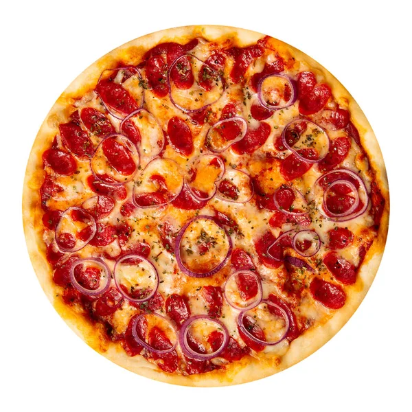 Salsichas de caçador isoladas pizza com cebola vermelha — Fotografia de Stock