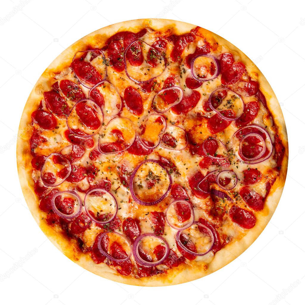 Isolated hunter sausages pizza with red onion