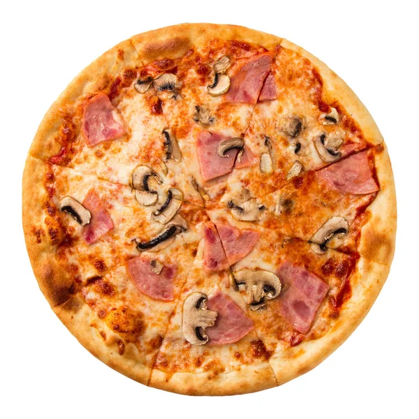 Pizza fresca isolada assada com presunto e cogumelos — Fotografia de Stock