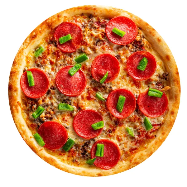Pizza de carne isolada com salame e picada — Fotografia de Stock