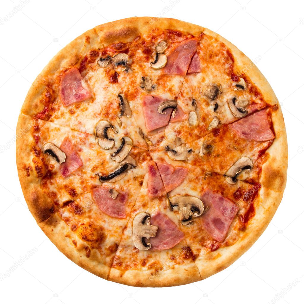 Isolated fresh baked pizza with ham and mushrooms