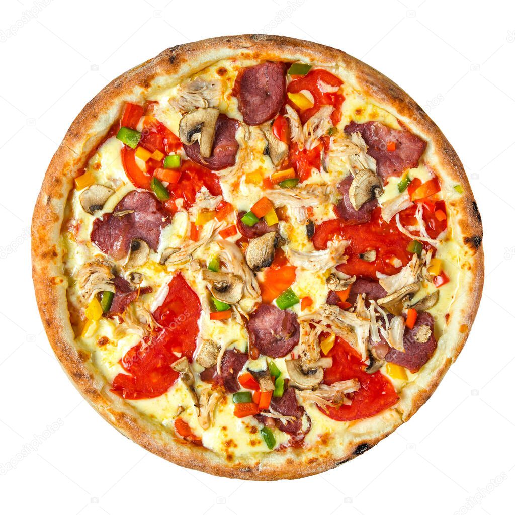 Isolated fresh pizza with different toppings