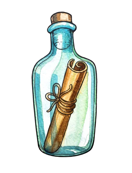 Message dans une bouteille. Illustration aquarelle . — Photo