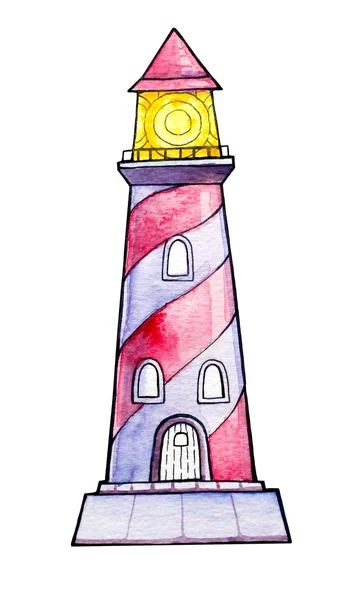 灯台の水彩画。航海図. — ストック写真