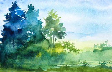 suluboya orman manzara illüstrasyon