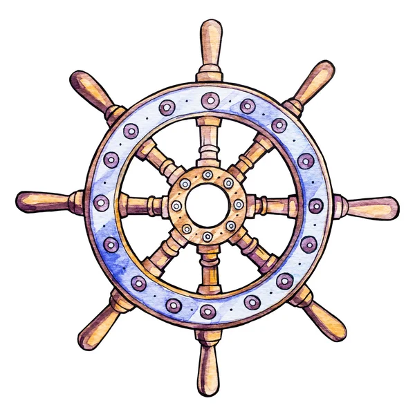 Steering wheel watercolor. Nautical illustration. — Stock Photo, Image
