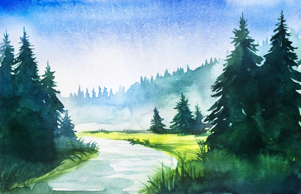 Watercolor forest landscape illustration — Stock Photo, Image