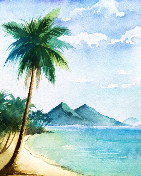 Watercolor landscape palm beatch — Stock Photo, Image