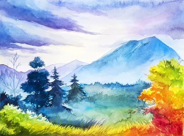 Autumn landscape. Watercolor illustration. — Stock Vector