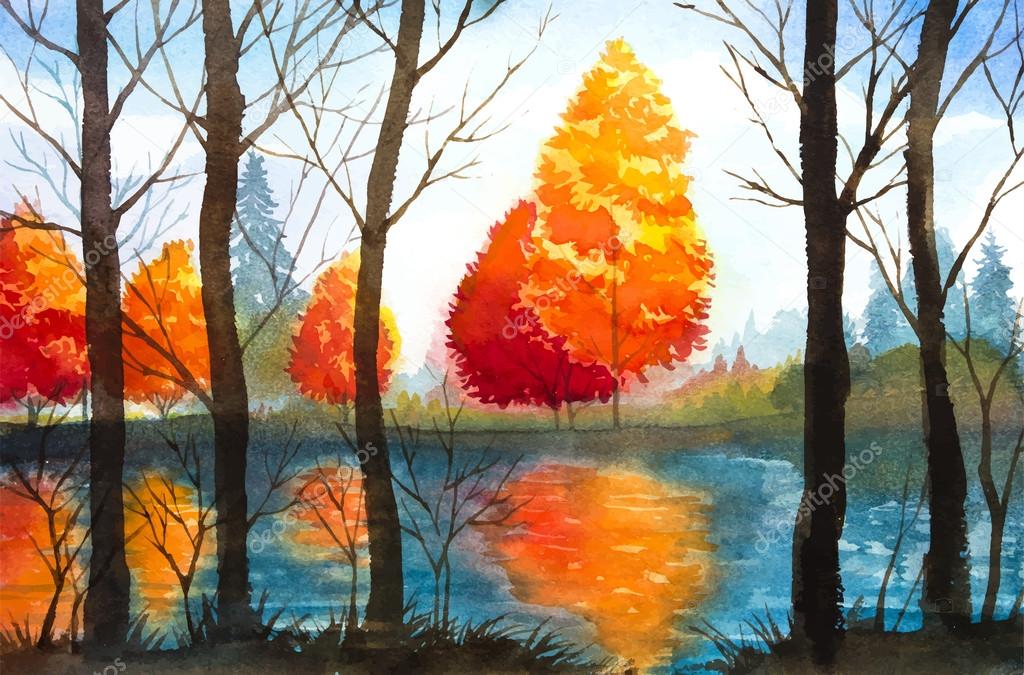 Autumn landscape. Watercolor illustration.