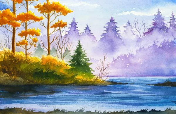 Herbstlandschaft. Aquarellillustration. — Stockvektor