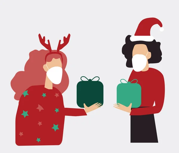 Illustration Deux Personnes Partageant Des Cadeaux Noël Avec Masque Protecteur — Photo