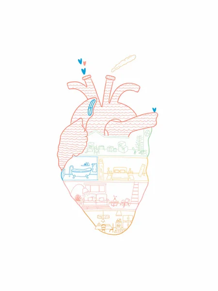 Illustrazione Disegnata Mano Una Casa Dentro Forma Del Cuore — Foto Stock